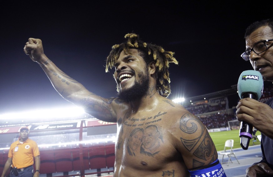 FILE - In this Tuesday, Oct. 10, 2017 filer, Panama&#039;s Roman Torres celebrates his goal against Costa Rica and his team&#039;s 2-1 victory, qualifying his team for the 2018 Russia World Cup in Pan ...