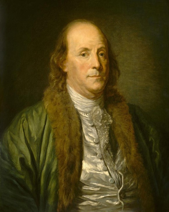 Benjamin Franklin, von Jean-Baptiste Greuze (Kopie) 1777, französisches Gemälde, Öl auf Leinwand. Franklin saß 1777 für den Maler Jean-Baptiste Greuze, kurz nach seiner Ankunft in Frankreich.