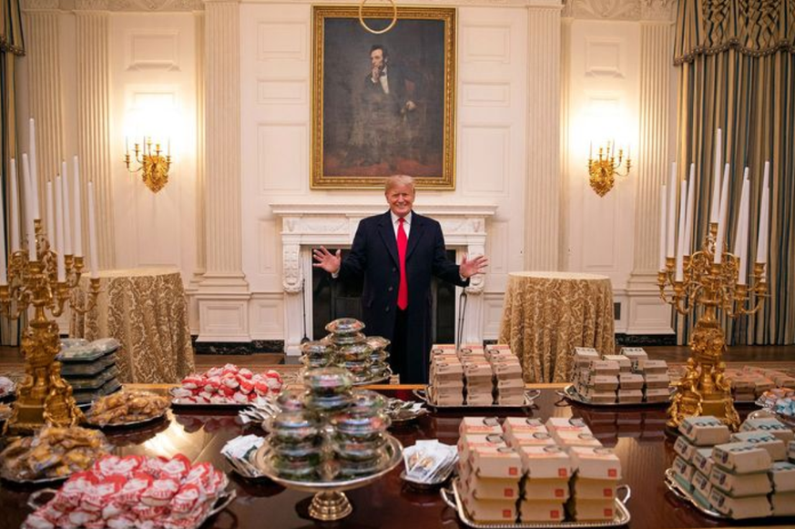 rump welcomes the Clemson Tigers football team to the White House on January 14, 2019 with a McDonalds-catered feast fit for a (burger) king