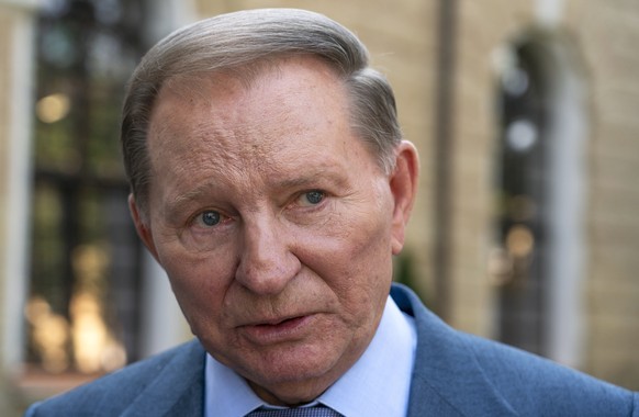 FILE - In this file photo taken on Friday, Sept. 13, 2019, Former Ukrainian President Leonid Kuchma speaks during an interview with The Associated Press in Kiev, Ukraine. Barely 100 days into his tenu ...