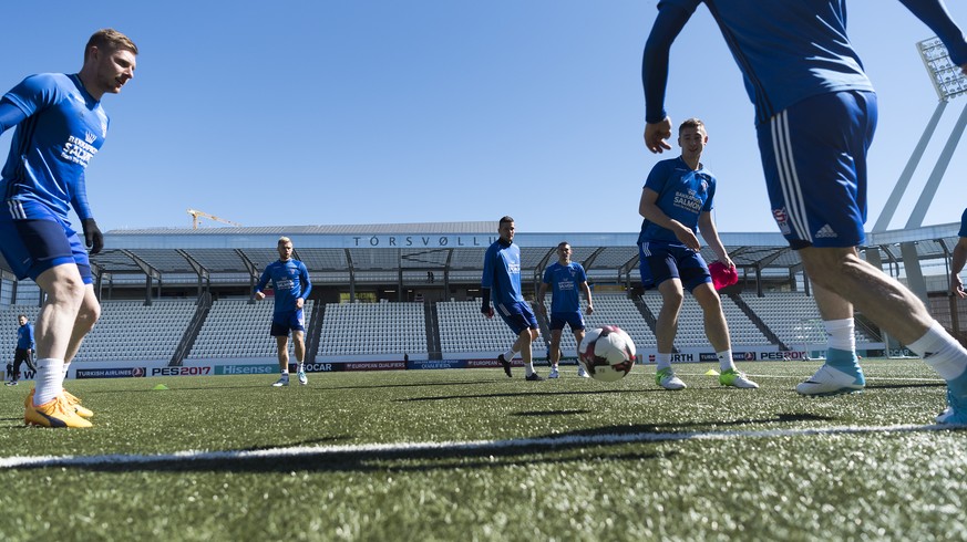 CAPTION CORRECTION: CORRECTS SUBJECT - The national soccer team of the Faroe Islands during a training session at the Torsvollur football stadium in Torshavn, Faroe Islands, on Thursday, June 8, 2017. ...