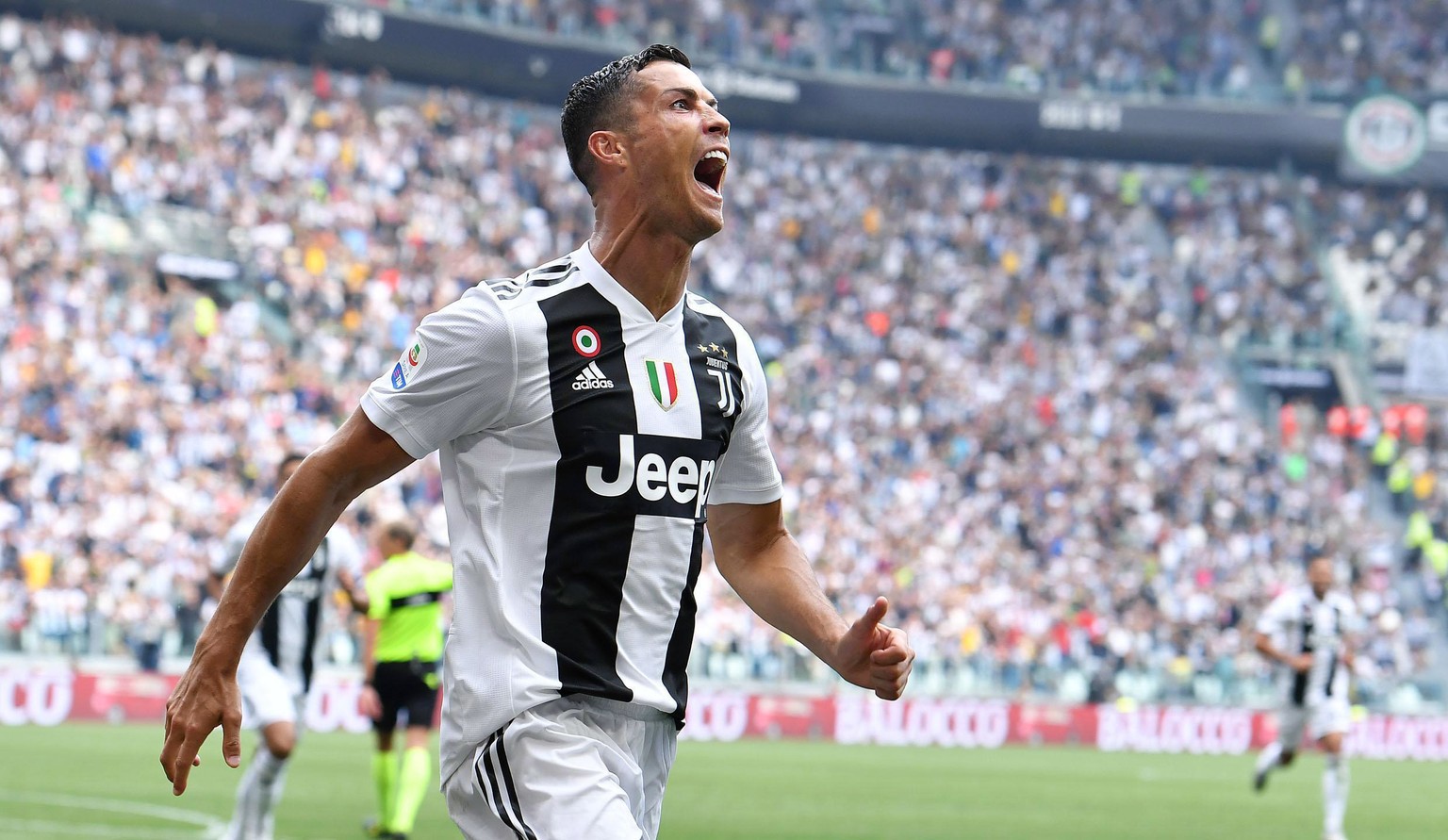 FILE - In this Sept. 16, 2018, file photo, Juventus&#039; Cristiano Ronaldo celebrates after scoring during a Serie A soccer match against Sassuolo in Turin, Italy. Ronaldo lost a bid for dismissal or ...