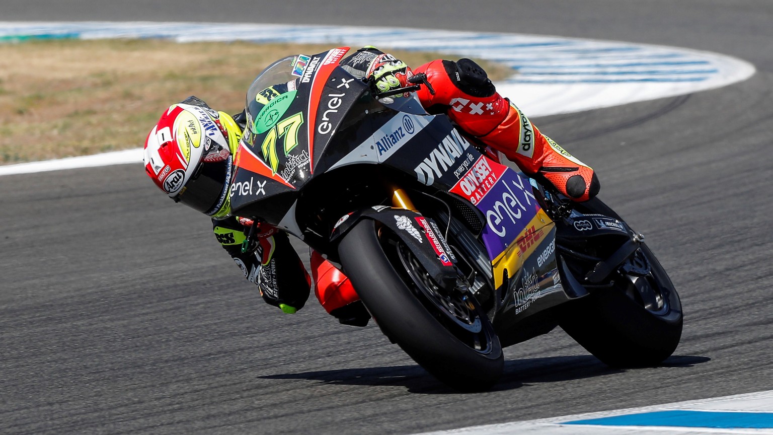 epa08564180 Swiss MotoE rider Dominique Aegerter, Dynavolt Intact GP, in action during the free training session for the motorcycling Grand Prix of Andalusia held at Jerez-Angel Nieto circuit in Jerez ...