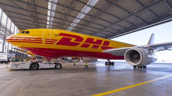The airplane arrives during the official launching ceremony of the Airbus A330-200 cargo airplane by the European Air Transport Leipzig GmbH (EAT) at the European DHL Express air freight hub in Schkeu ...