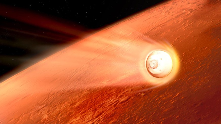 In this illustration of its descent to Mars, the spacecraft containing NASA’s Perseverance rover slows down using the drag generated by its motion in the Martian atmosphere. 
https://mars.nasa.gov/int ...