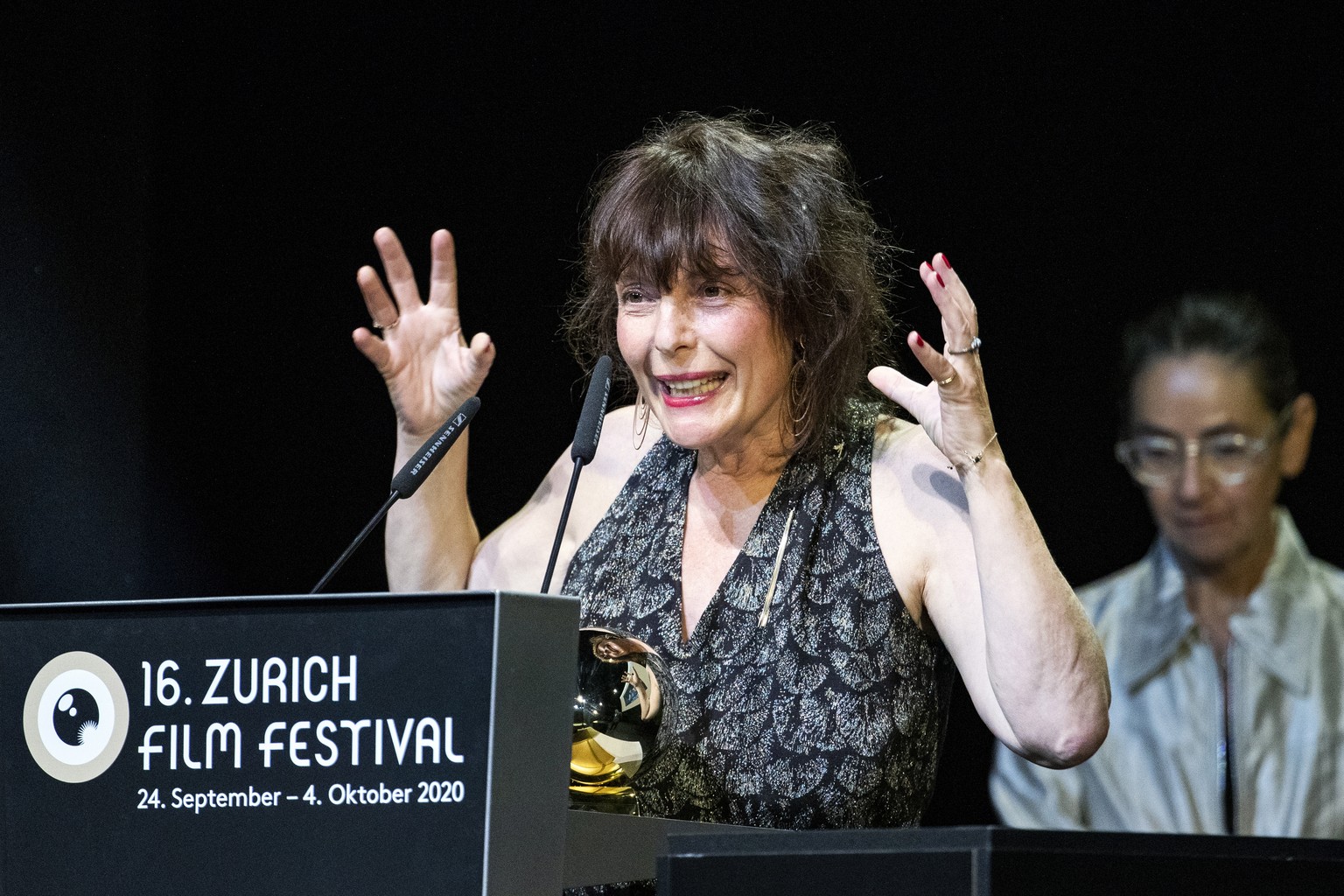 epa08718736 Austrian director Evi Romen receives the Golden Eye for her movie &#039;Hochwald&#039; during the Award Night ceremony at the 16th Zurich Film Festival (ZFF) in Zurich, Switzerland, 03 Oct ...