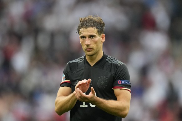 Germany&#039;s Leon Goretzka applauds the fans at the end of the Euro 2020 soccer championship round of 16 match between England and Germany at Wembley stadium in London, Tuesday, June 29, 2021. Engla ...