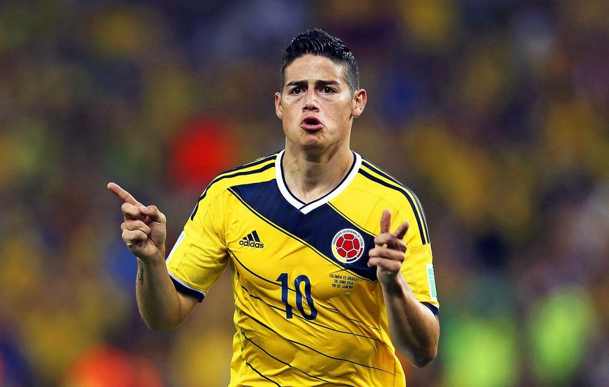 epa04557437 (FILE) A file picture dated 28 June 2014 of James Rodriguez of Colombia celebrating after scoring the 1-0 lead during the FIFA World Cup 2014 round of 16 soccer match between Colombia and  ...