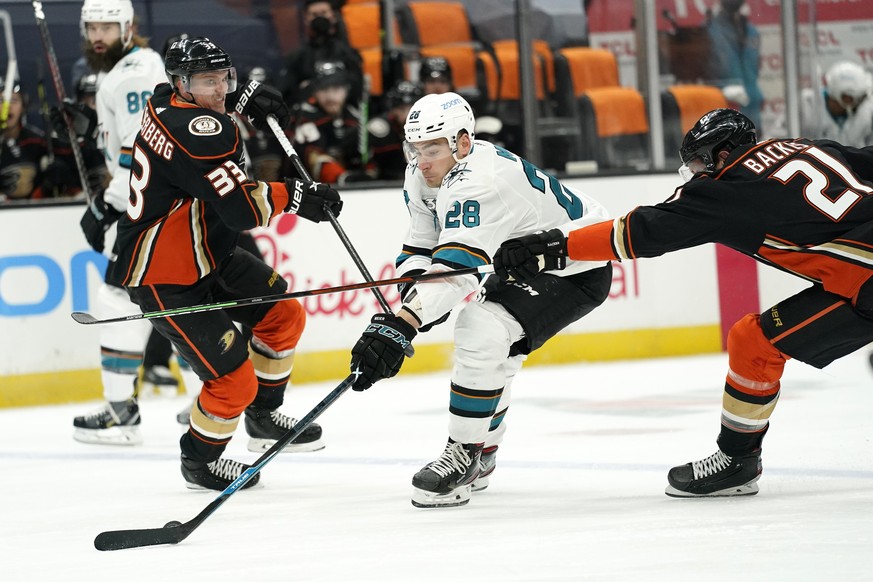 San Jose Sharks right wing Timo Meier, center, splits between Anaheim Ducks right wing Jakob Silfverberg, left, and right wing David Backes during the first period of an NHL hockey game Saturday, Marc ...