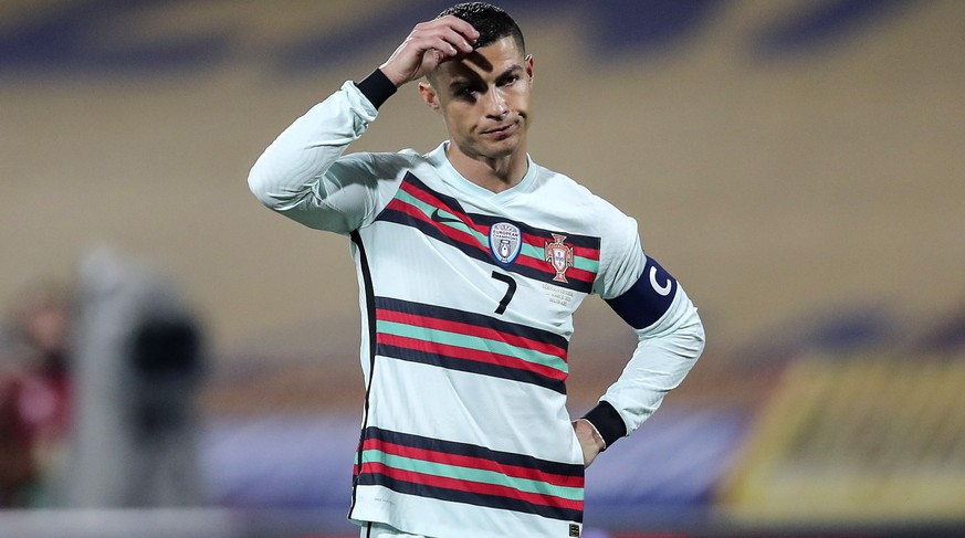 epa09102162 Portugal&#039;s Cristiano Ronaldo reacts during the Group A of FIFA World Cup Qatar 2022 qualifier match with Serbia at Rajko Mitic Stadium in Belgrade, Serbia, 27th March 2021. EPA/MIGUEL ...
