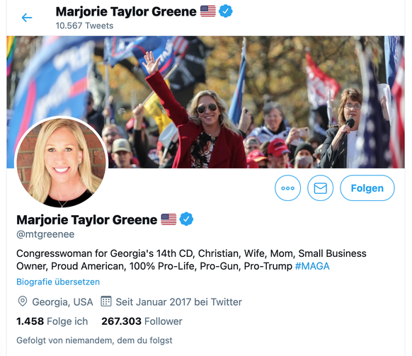 Greene ist im Vergleich zum dauerhaft gesperrten Donald Trump ein Twitter-Leichtgewicht. Die Rechtskonservative hat eine Viertelmillion Follower.