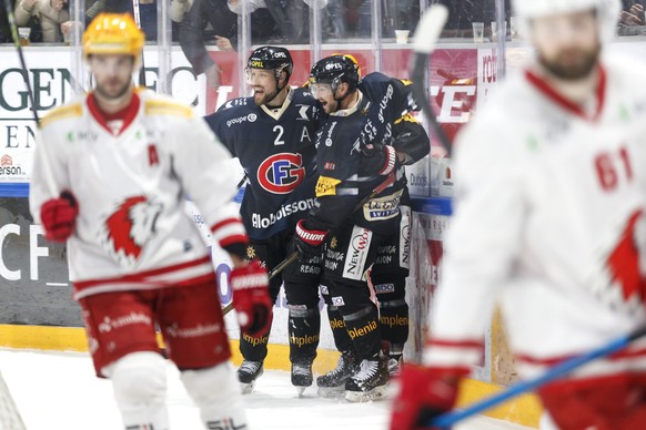 La joie du HC Fribourg-Gotteron, lors de la rencontre du championnat suisse de hockey sur glace de National League entre le HC Fribourg-Gotteron et le Lausanne Hockey Club, LHC, ce samedi, 11 janvier  ...