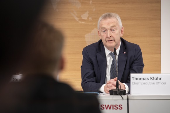 epa07435995 CEO Thomas Kluehr speaks at the Annual Media Conference of Swiss International Air Lines (SWISS), in Kloten, Zurich, 14 March 2019. SWISS is to introduce a new Premium Economy Class on its ...