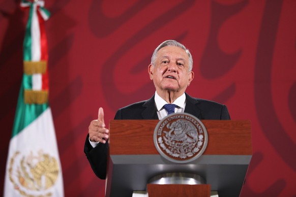 epa08373600 Mexican President Andres Manuel Lopez Obrador speaks during his morning press conference at the National Palace in Mexico City, Mexico, 20 April 2020. Lopez Obrador explained that the 1,00 ...