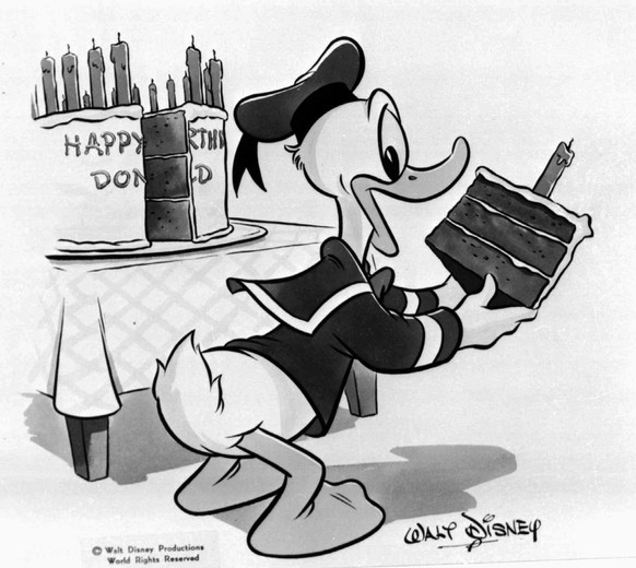 Donald Duck makes off with a piece of birthday cake in this illustration. Donald Duck turns 62 on March 13. His first screen appearance was &quot;The Wise Little Hen,&quot; in 1934. (AP Photo/Walt Dis ...