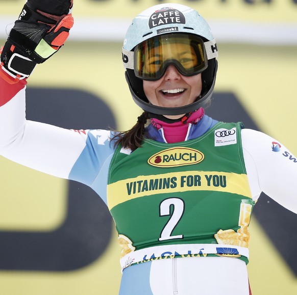 Switzerland&#039;s Wendy Holdener celebrates in the finish area during an alpine ski, World Cup women&#039;s slalom in Jasna, Slovakia, Saturday, March 6, 2021. (AP Photo/Gabriele Facciotti)