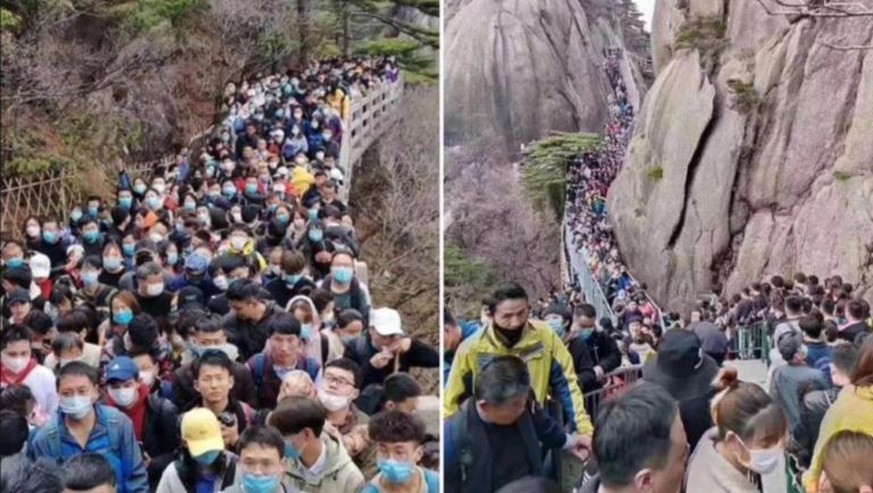 Wenigstens tragen sie Mundschutz: Tausende Chinesen im Huangshan Mountain Park.
