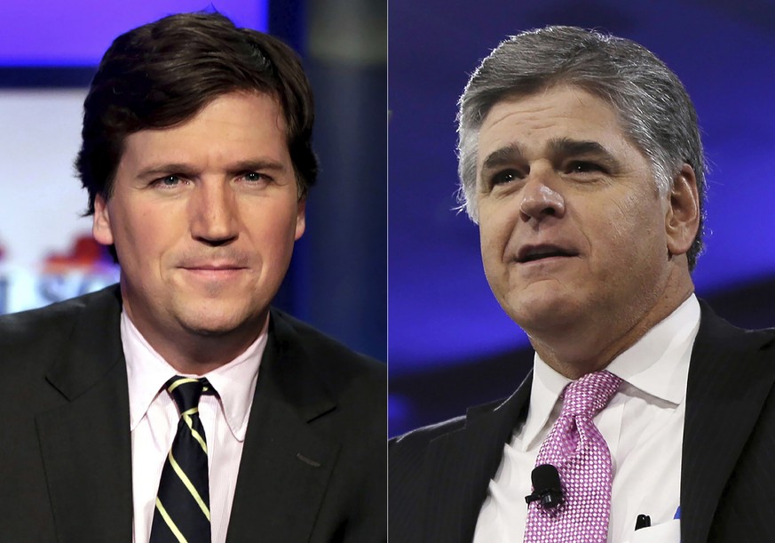 This combination photo shows, Tucker Carlson, host of &quot;Tucker Carlson Tonight,&quot; left, and Sean Hannity, host of &quot;Hannity&quot; on Fox News. The Fox News and Fox Business channels are go ...