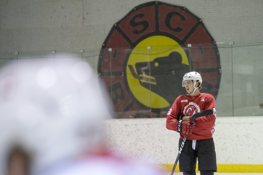 New Jersey Devils Swiss player Nico Hischier during the training at the Postfinance Arena in Bern, Switzerland, Sunday, September 30, 2018. The New Jersey Devils will face the SC Bern on Monday, Octob ...
