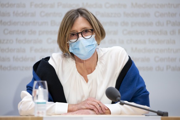 Monika Buetler, Vizepraesidentin National COVID-19 Science Task Force, spricht waehrend einer Medienkonferenz zur aktuellen Situation des Coronavirus, am Donnerstag, 14. Januar 2021 in Bern. (KEYSTONE ...