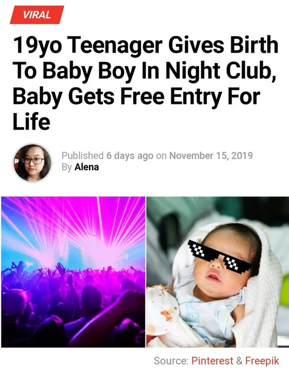 «19-Jährige bringt Bub in Nachtklub auf die Welt. Baby bekommt lebenslangen Gratis-Eintritt.»