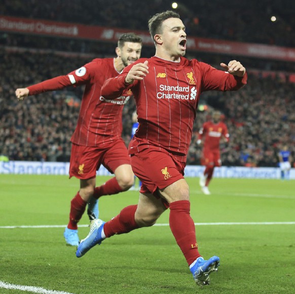 Liverpool&#039;s Xherdan Shaqiri celebrates his goal against Everton during the English Premier League soccer match between Liverpool and Everton at Anfield Stadium, Liverpool, England, Wednesday, Dec ...