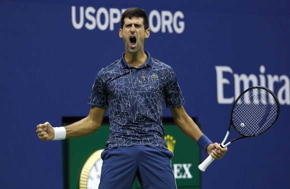 FILE - In this Sept. 9, 2018, file photo, Novak Djokovic, of Serbia, reacts after breaking the serve of Juan Martin del Potro, of Argentina, during the men&#039;s final of the U.S. Open tennis tournam ...