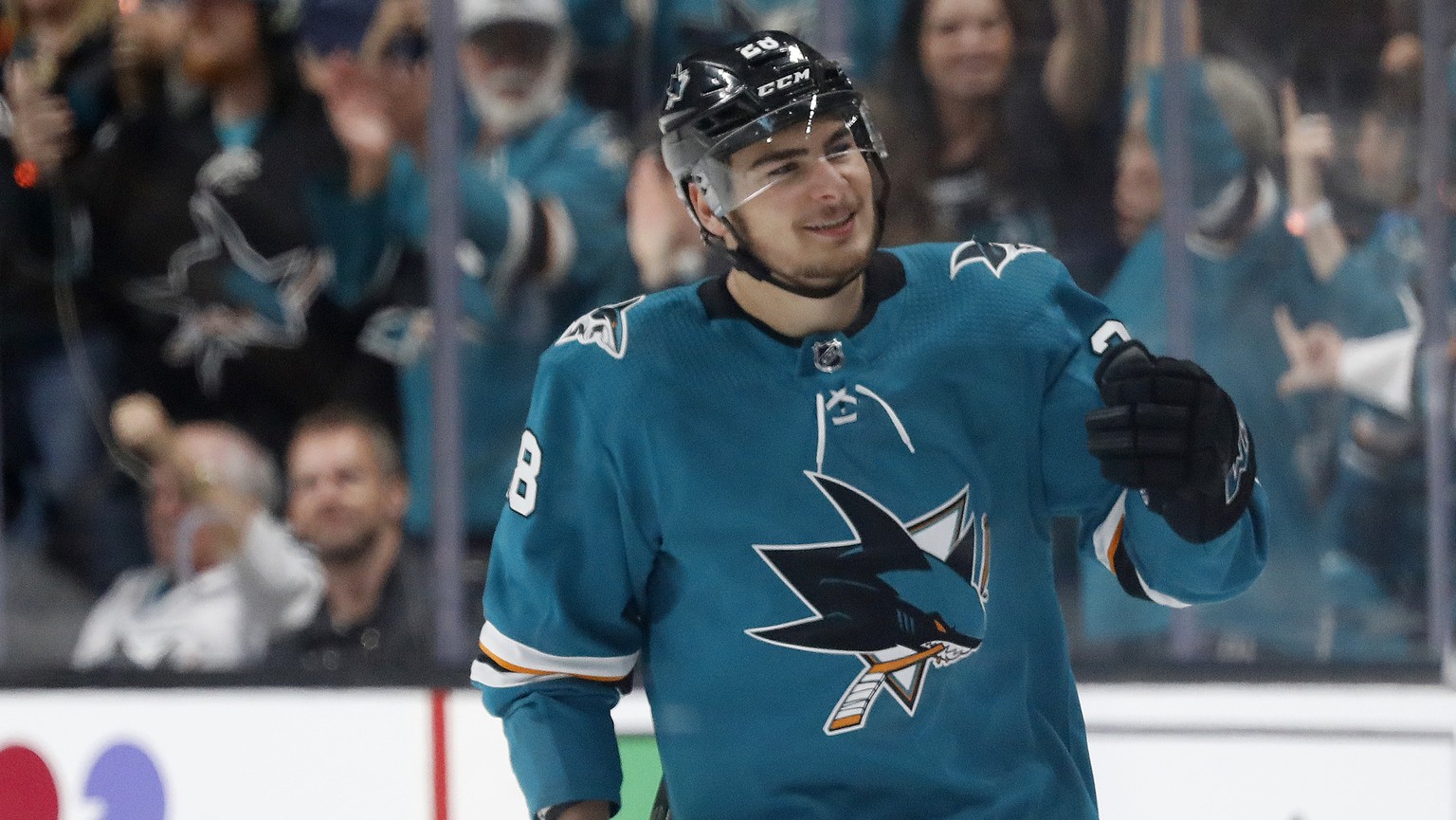 San Jose Sharks&#039; Timo Meier celebrates a goal against the St. Louis Blues in the second period in Game 1 of the NHL hockey Stanley Cup Western Conference finals in San Jose, Calif., Saturday, May ...