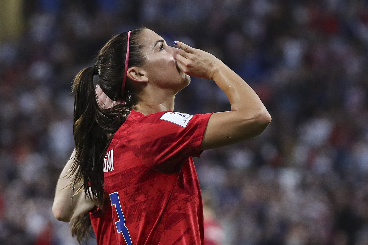 epa07690551 USA&#039;s Alex Morgan celebrates after scoring a goal during the Semi final match between England and USA at the FIFA Women&#039;s World Cup 2019 in Lyon, France, 02 July 2019. EPA/SRDJAN ...