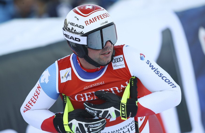 Switzerland&#039;s Beat Feuz reacts at the finish area after completing an alpine ski, men&#039;s World Cup super-G, in Kitzbuehel, Austria, Sunday, Jan. 27, 2019. (AP Photo/Alessandro Trovati)