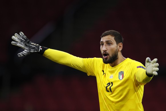 Italy&#039;s goalkeeper Gianluigi Donnarumma reacts during the UEFA Nations League soccer match between The Netherlands and Italy at the Johan Cruijff ArenA in Amsterdam, Netherlands, Monday, Sept. 7, ...