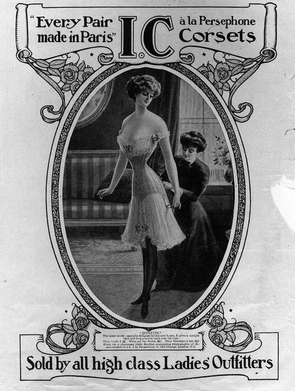 11th March 1909: An advertisement for the Jeunette corset &#039;a la Persephone&#039;, which gives a straight back and graceful lines over the hips. Hearth And Home - pub. 1909 (Photo by Hulton Archiv ...