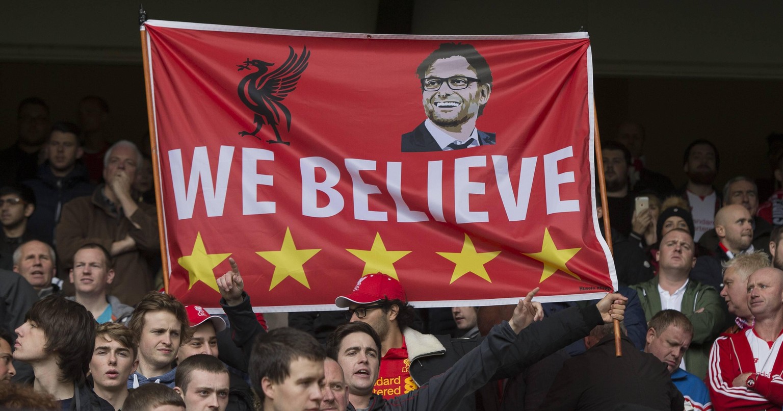 17.10.2015. White Hart Lane, London, England. Barclays Premier League. Tottenham Hotspur versus Liverpool. The Liverpool fans with a banner reading We Believe and a picture of their new manager J