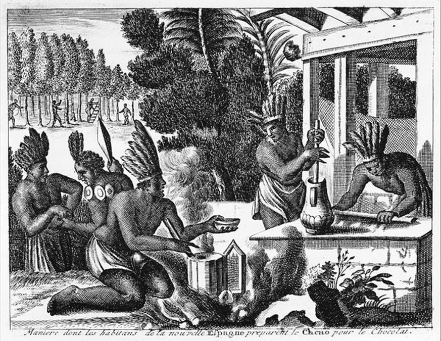 Azteken bei der Zubereitung von Trinkschokolade