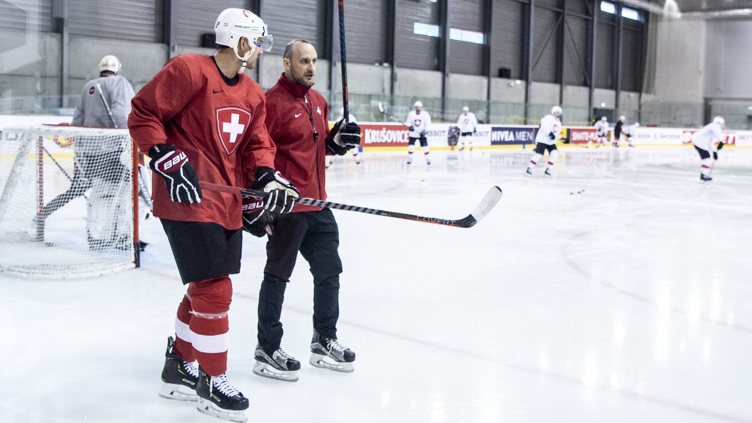 Nino Niederreiter, left, and Christian Wohlwend, during a training session of the Swiss team at the IIHF 2019 World Ice Hockey Championships, at the Ondrej Nepela Arena in Bratislava, Slovakia, on Mon ...