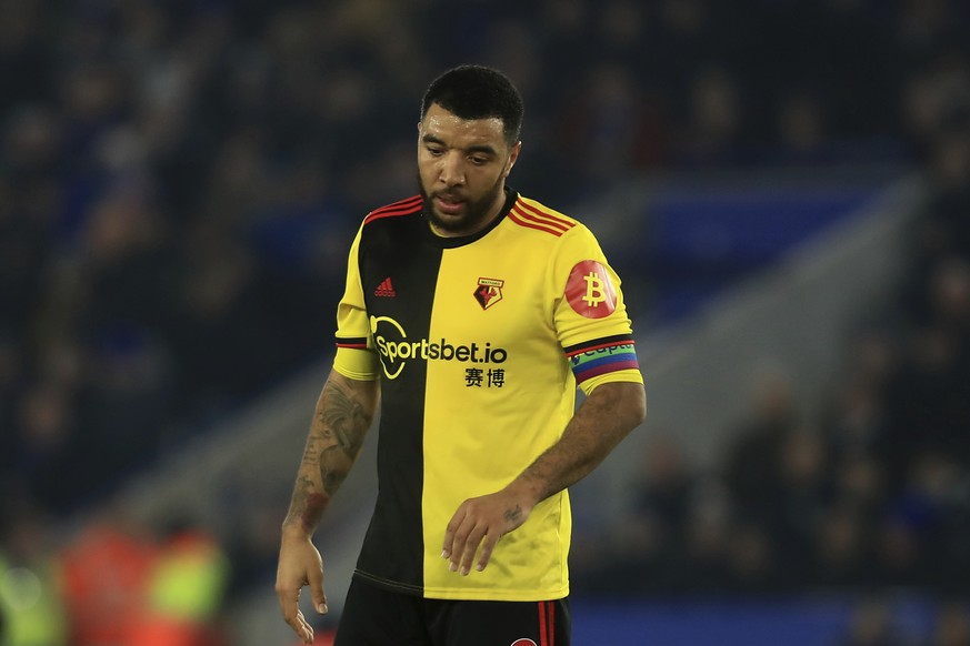 Watford&#039;s Troy Deeney dejected during the English Premier League soccer match between Leicester City and Watford at the King Power Stadium, in Leicester, England, Wednesday, Dec. 4, 2019. (AP Pho ...