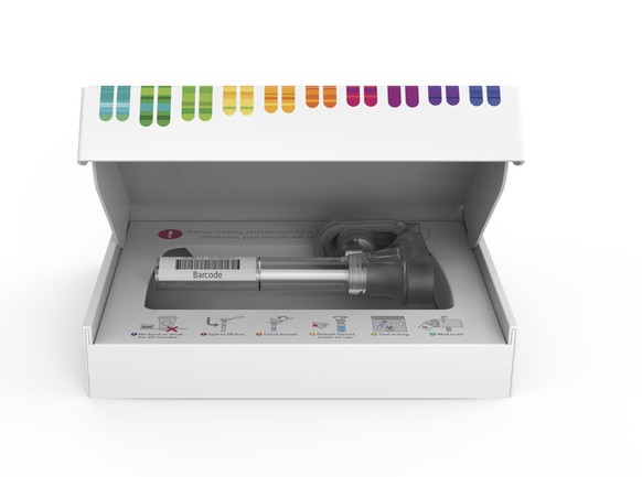 This image released by 23andMe shows the company&#039;s home-based saliva collection kit. Companies are playing into a rise in the profile of DNA itself as a gift item, from kits such as this to works ...