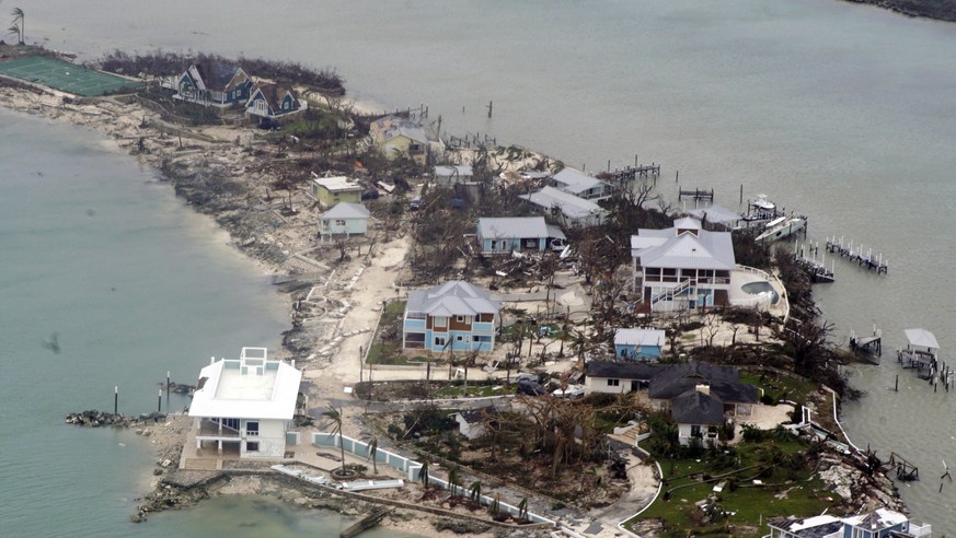 epa07815880 A handout photo made available by the US Coast Guard shows an aerial view of damaged structures in the Bahamas, 03 September 2019, seen from a Coast Guard Elizabeth City C-130 aircraft aft ...