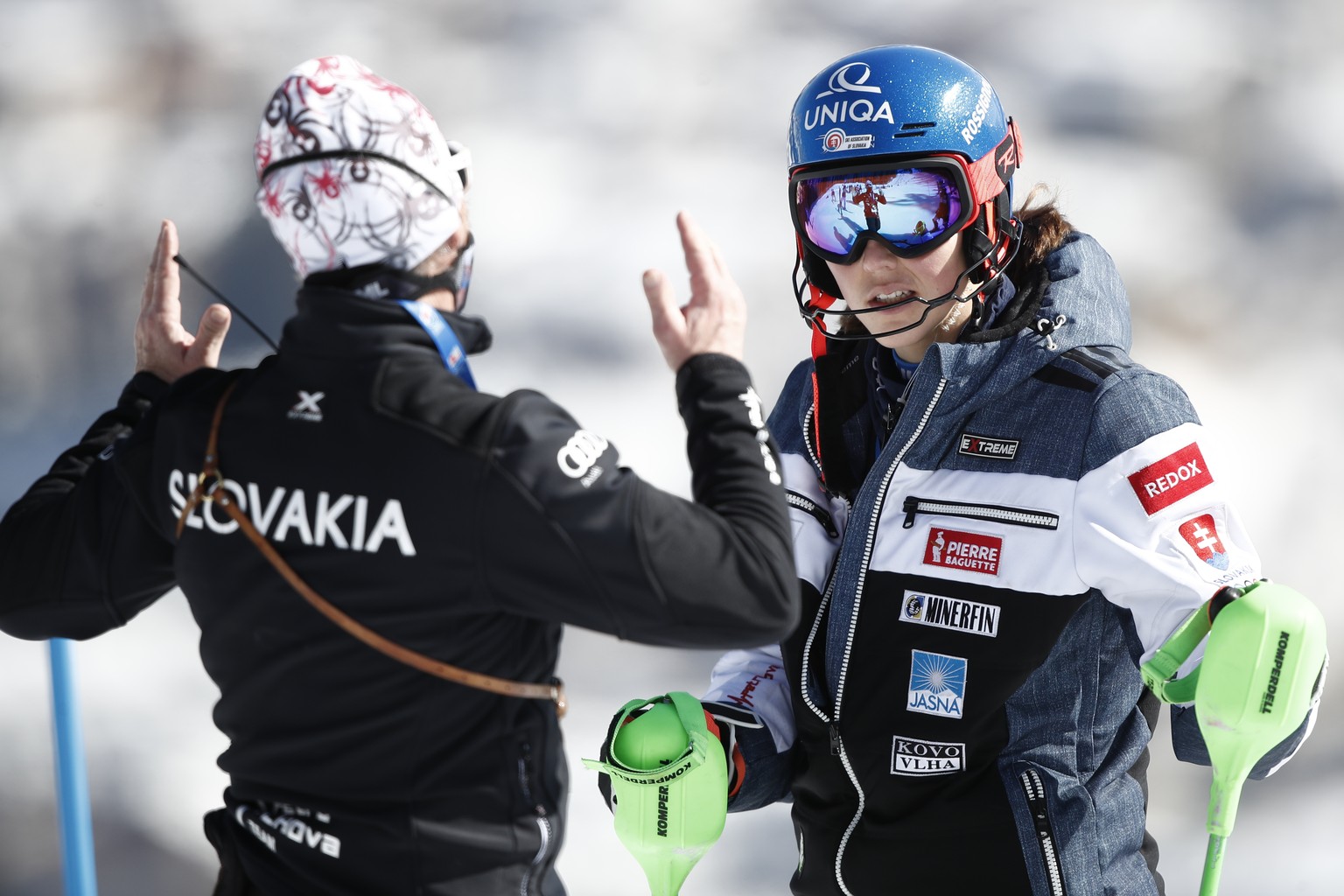 Slovakia&#039;s Petra Vlhova listens to her coach Livio Magoni prior to the second run of the women&#039;s slalom, at the alpine ski World Championships in Cortina d&#039;Ampezzo, Italy, Saturday, Feb ...