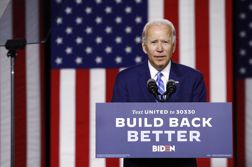 FILE - In this July 14, 2020, file photo Democratic presidential candidate, former Vice President Joe Biden speaks during a campaign event in Wilmington, Del. Biden has made progress in consolidating  ...
