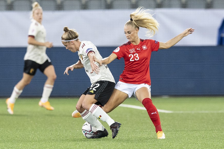 Switzerland&#039;s Alisha Lehmann, right, in action against Belgium