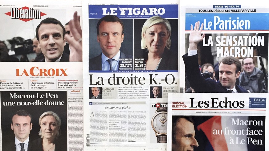 A montage of French national newspaper front pages reporting on the winners of the first round of the French presidential election, centrist candidate Emmanuel Macron and far-right candidate Marine Le ...