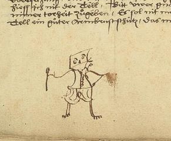 Handschriftliche Seite aus der ersten Fassung über «den tällen», um 1555. Am Seitenrand kritzelte Tschudi einen Tell hin, eventuell eine Karikatur?
