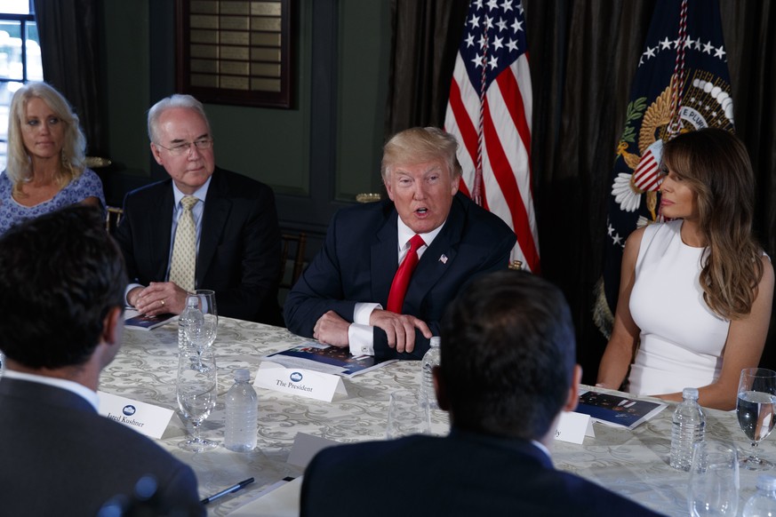 President Donald Trump speaks during a briefing on the opioid crisis, Tuesday, Aug. 8, 2017, at Trump National Golf Club in Bedminster, N.J. From left are, White House senior adviser Kellyanne Conway, ...