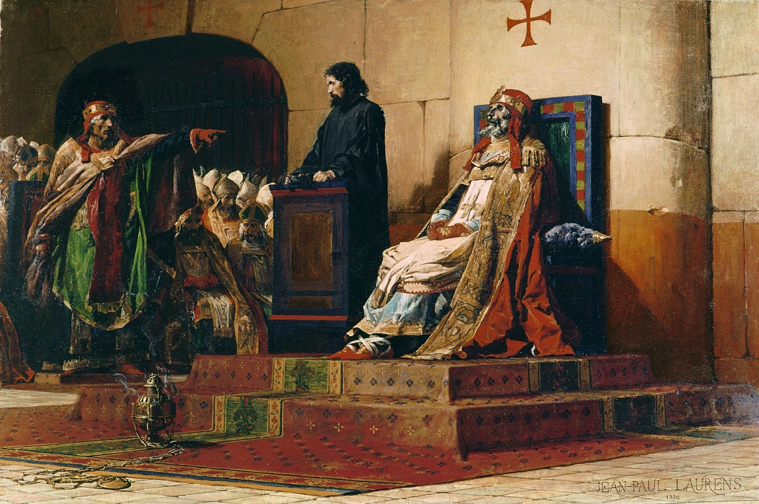 Der seit neun Monaten tote Papst Formosus und sein Kläger Stephan VI. Historisierende Phantasiedarstellung der Leichensynode in einem Gemälde von Jean-Paul Laurens, 1870.