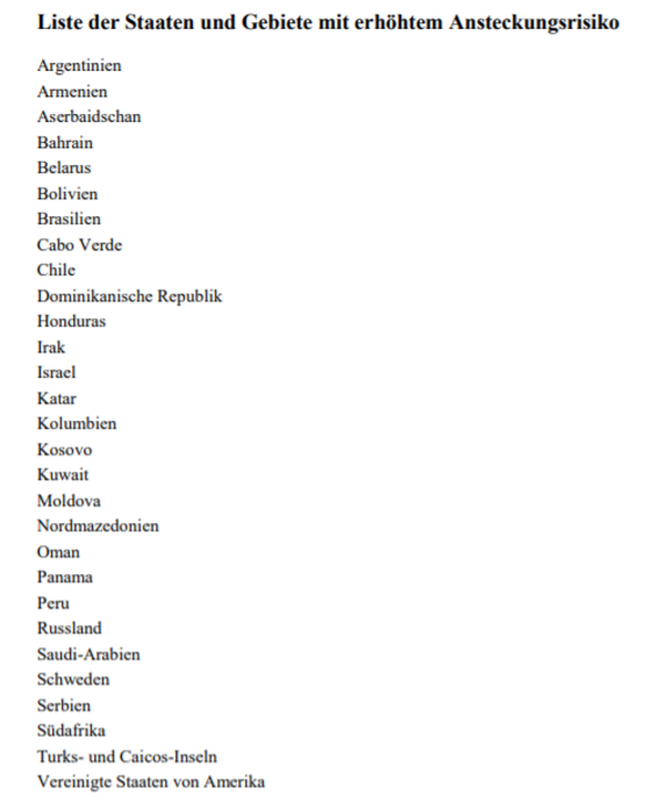 Vom BAG publizierte Liste der 29 Staaten und Gebiete, aus deren Einreise in die Schweiz eine zehntägige Quarantänemassnahme resultiert