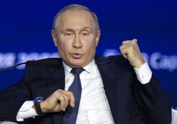 Russian President Vladimir Putin gestures while answering to a question during an annual VTB Capital &quot;Russia Calling!&quot; Investment Forum in Moscow, Russia, Wednesday, Nov. 20, 2019. Putin war ...