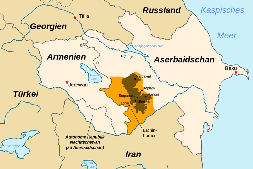 Karte: Nagorno-Karabach, Bergkarabach, Armenien, Aserbaidschan, Konflikt
Von Furfur - Diese Datei wurde von diesen Werken abgeleitet:Transcaucasia locator map.svgArtsakh Occupation Map.jpg, CC BY-SA 4 ...