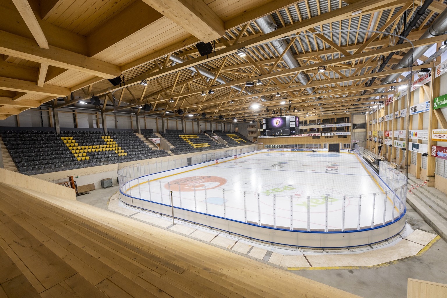 Une vue de la Raiffeisen Arena, la nouvelle patinoire du HC Ajoie, HCA, le vendredi 20 novembre 2020 a Porrentruy dans le Jura. (KEYSTONE/Jean-Christophe Bott)