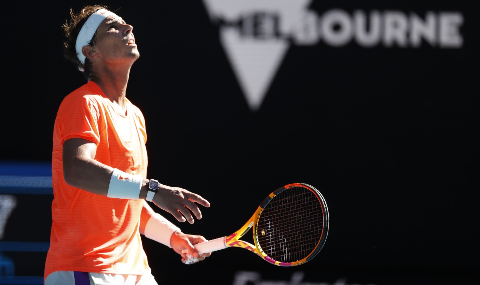 Spain&#039;s Rafael Nadal reacts during his first round match against Serbia&#039;s Laslo Djere at the Australian Open tennis championship in Melbourne, Australia, Tuesday, Feb. 9, 2021. (AP Photo/Ric ...